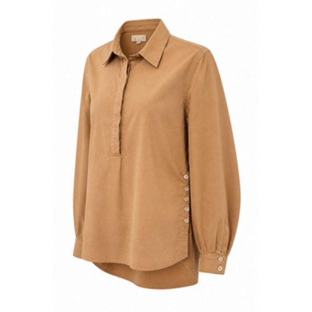 Anthropologie Shirt Womens XS Brown 100% Cotton Tunic Button Side Hem Blouse